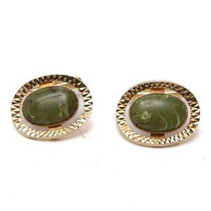 Vintage Gold Metal Green Stone Cufflinks Nested Jade Oval Retro Classic